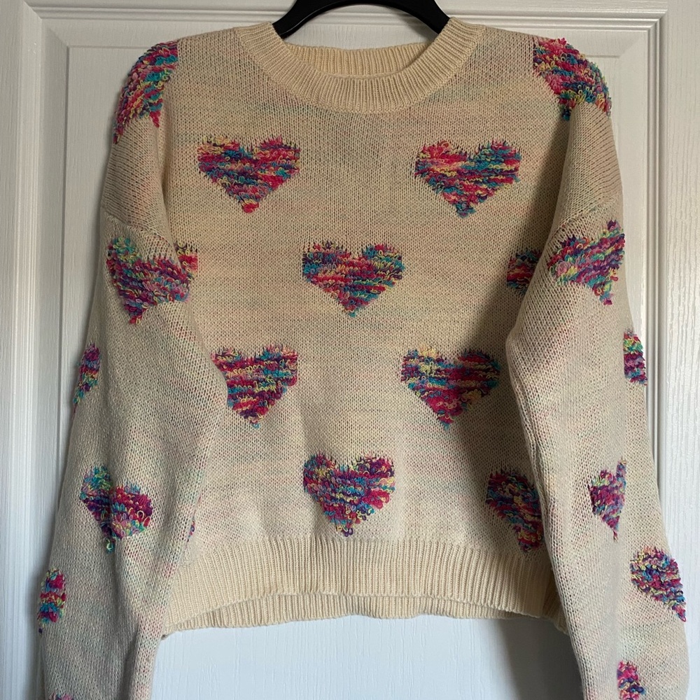 SHEIN Cream Sweater with Multicolor Heart Design